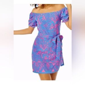 NWT Lilly Pulitzer Jada off the shoulder romper in aura pink size 4